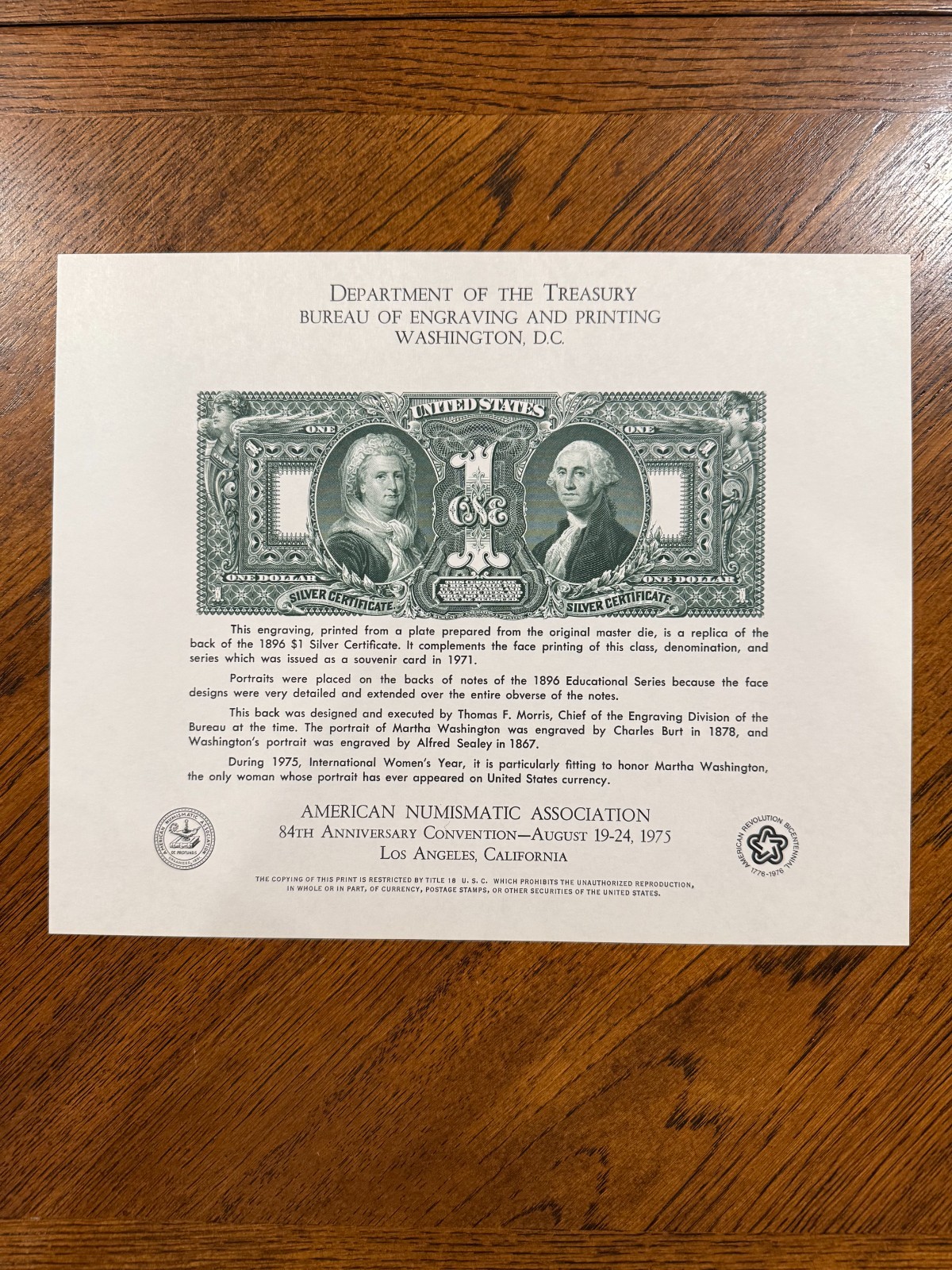 BEP Intaglio Print Early Money Souvenir Card B32 back 1896 $1 Educational SC